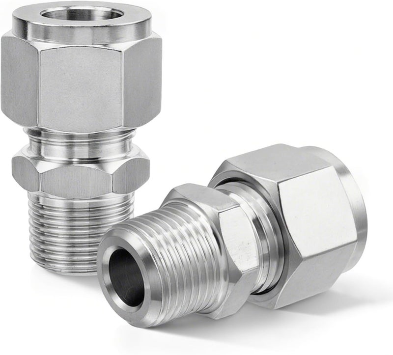 Goldpea 2PCS 304 Stainless Steel Compression Tube Fitting, 1/4" OD x 3/8" NPT Male Straight Adapter with Double Ferrules - Image 1